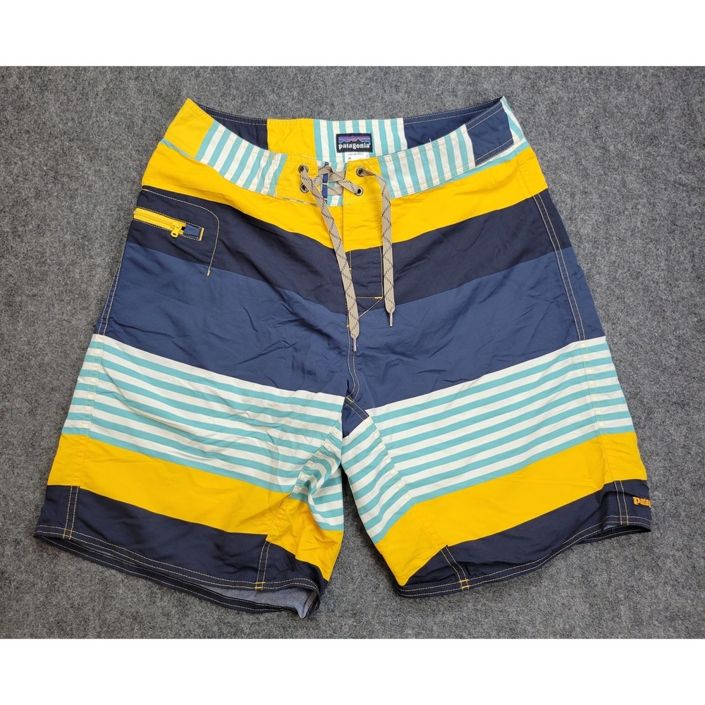 Patagonia Shorts Mens 33 Navy Blue Yellow Striped Board Surf Surfing Water Polo